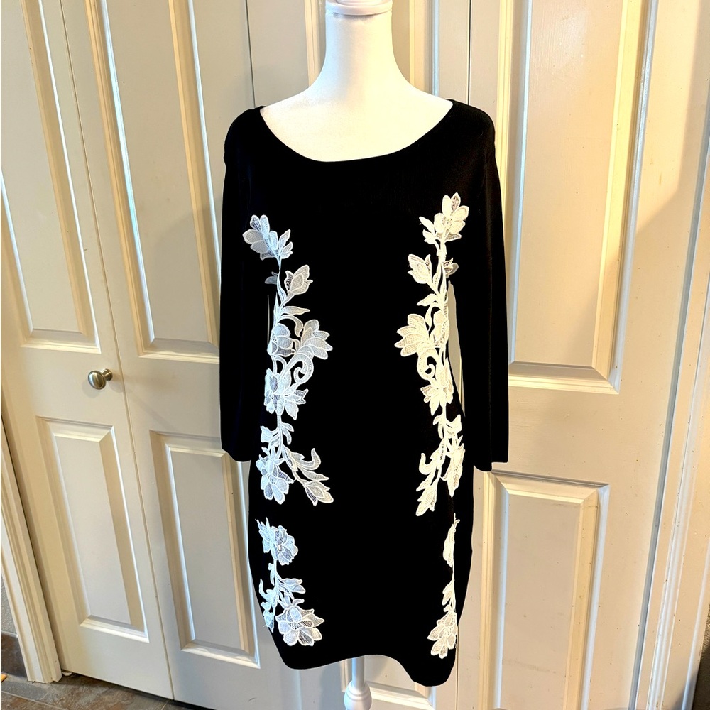 INC…black sweater dress with white embroidered flowers..size L